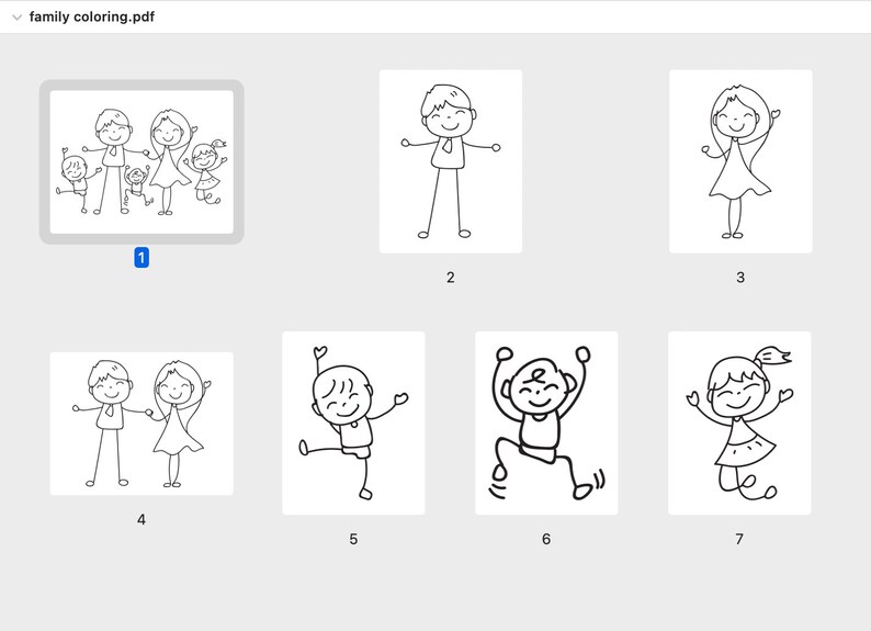 May include: A set of seven black and white line drawings of stick figures. The drawings depict a family of five, a man, a woman, a boy, a girl, and a girl jumping.