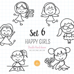 Ragazze felici disegnate a mano SVG, dxf, clipart doodle per ragazze, timbro digitale Happy Kids, figura stilizzata sublimazione del contorno, file di taglio. png, eps, jpg