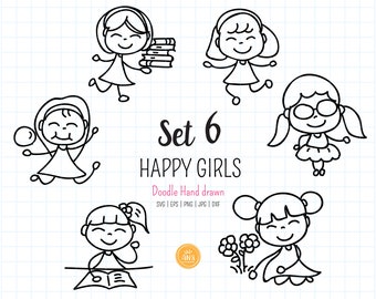 Handgezeichnete Happy Girls SVG, dxf, Girls doodle Clipart, Happy Kids digitaler Stempel, Strichmännchen Umriss Sublimation, geschnittene Datei. png, eps, jpg