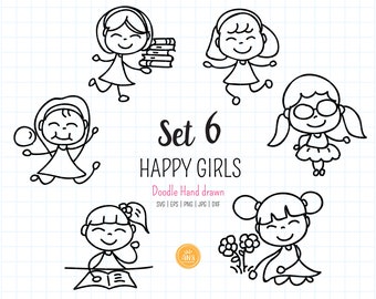 Hand drawn Happy Girls SVG, dxf, Girls doodle clipart, Happy Kids Digital Stamp, Stick figure Outline Sublimation, cut file. png, eps, jpg