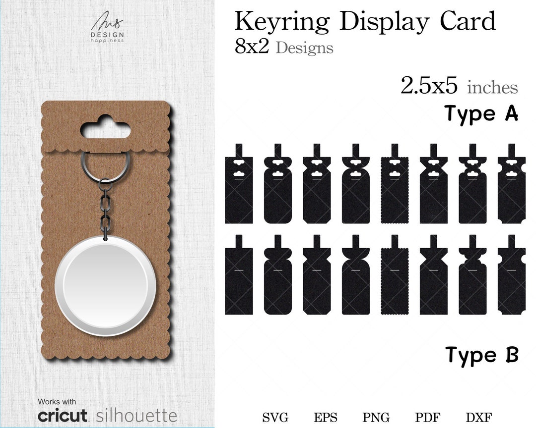 Keyring Display Card Holder Template SVG, 2x8 Designs Keychain Card 2.5x5  Inches SVG, DXF Cricut Cut Files, Png, Eps, Pdf for Hand Cutting. 