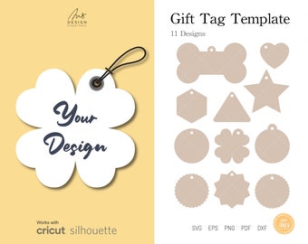 Puede incluir: Una plantilla de etiquetas de regalo con 11 diseños, incluyendo formas como un hueso, corazón, estrella y círculo. La etiqueta principal es un trébol blanco de cuatro hojas con las palabras "Your Design". La imagen también incluye el texto "Works with cricut silhouette".