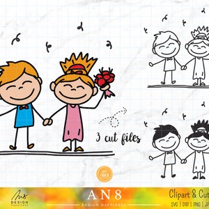 Doodle dibujado a mano feliz pareja de bodas SVG, Regalo para ella svg, Regalo para él svg, Regalo personalizado svg, cliparts, png, dxf, jpg, archivos cortados