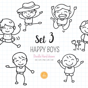 Happy Boys Set 3 SVG, dxf, clipart doodle per ragazzi disegnati a mano, timbro digitale per bambini, sublimazione del contorno della figura stilizzata, file di taglio. png, eps, jpg