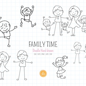 May include: A black and white line drawing of a family of six people. The family is drawn in a simple, cartoon style. The family is smiling and appears to be happy. The text "FAMILY TIME" is written above the family. The text "Doodle Hand drawn" is written below the family. The text "SVG | EPS | PNG | JPG | DXF" is written below the text "Doodle Hand drawn".