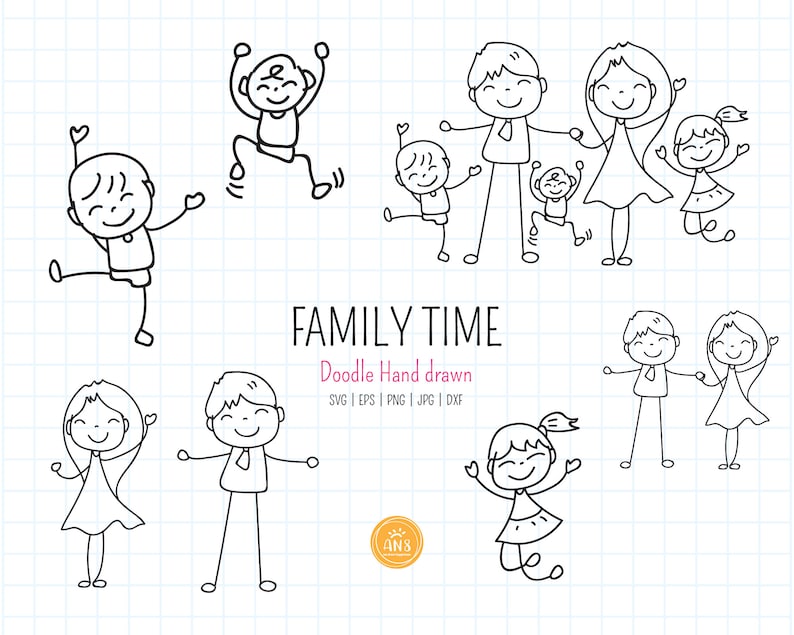 May include: A black and white line drawing of a family of six people. The family is drawn in a simple, cartoon style. The family is smiling and appears to be happy. The text "FAMILY TIME" is written above the family. The text "Doodle Hand drawn" is written below the family. The text "SVG | EPS | PNG | JPG | DXF" is written below the text "Doodle Hand drawn".