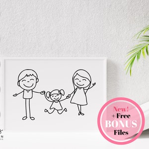 Regalo di famiglia SVG. Papà mamma e bambina, famiglia felice. Clipart di persone con bastone Doodle. Illustrazione digitale disegnata a mano Svg, Png, Dxf, Jpg, Eps