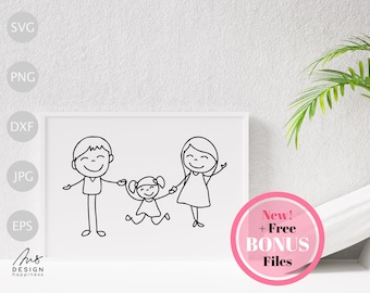 Family gift SVG. Dad Mom and little girl, happy family. Doodle stick people clipart. Hand drawn digital illustration Svg, Png, Dxf, Jpg, Eps