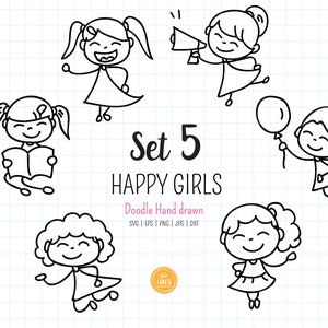 Ragazze felici disegnate a mano SVG, dxf, clipart doodle per ragazze, timbro digitale Happy Kids, figura stilizzata sublimazione del contorno, file di taglio. png, eps, jpg