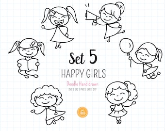 Handgezeichnete glückliche Mädchen SVG, dxf, Mädchen Doodle Clipart, glückliche Kinder Digital Stamp, Strichmännchen Umriss Sublimation, Cut-Datei. png, eps, jpg