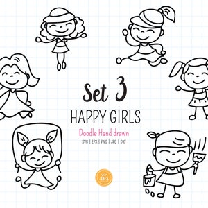 Ragazze felici disegnate a mano SVG, dxf, clipart doodle per ragazze, timbro digitale Happy Kids, figura stilizzata sublimazione del contorno, file di taglio. png, eps, jpg