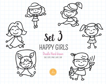 Hand drawn Happy Girls SVG, dxf, Girls doodle clipart, Happy Kids Digital Stamp, Stick figure Outline Sublimation, cut file. png, eps, jpg