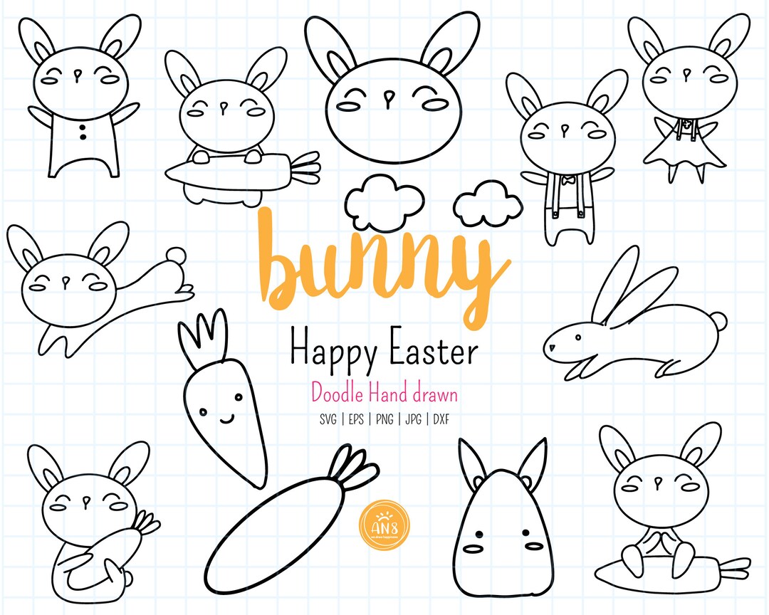 Happy Easter SVG, Spring Hand Drawn, Cute Bunny, Doodle Rabbit Clipart ...