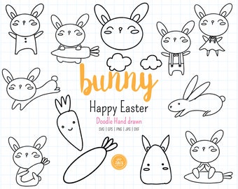 Vrolijk Pasen SVG, lente hand getrokken, schattig konijntje, doodle konijn clipart, kinderen kleurboek, digitale stempel, sticker png, dxf, gesneden bestanden.