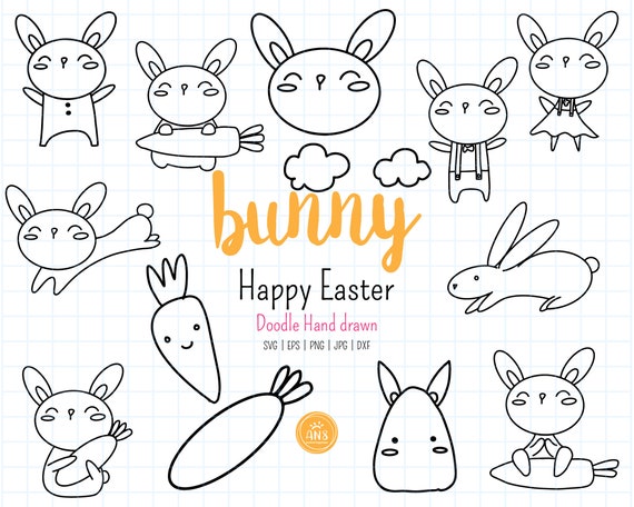 Happy Easter SVG, Spring Hand Drawn, Cute Bunny, Doodle Rabbit