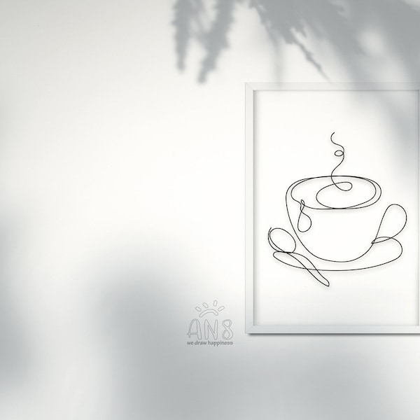 Minimal Tea cup one line drawing. Tea cup Printable wall art. JPG, SVG, PNG, eps, dxf. Tea printable Simple line drawing, Tea illustration