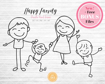 Family gift SVG. Dad Mom and little sons, happy family. Doodle stick people clipart. Hand drawn digital illustration Svg, Png, Dxf, Jpg, Eps