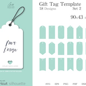 Gift Tag Templates SVG, set2, 18 Designs of 90x43 mm Gift Labels Tags Template png, dxf, eps. Printable Download PDF A4 for hand cutting