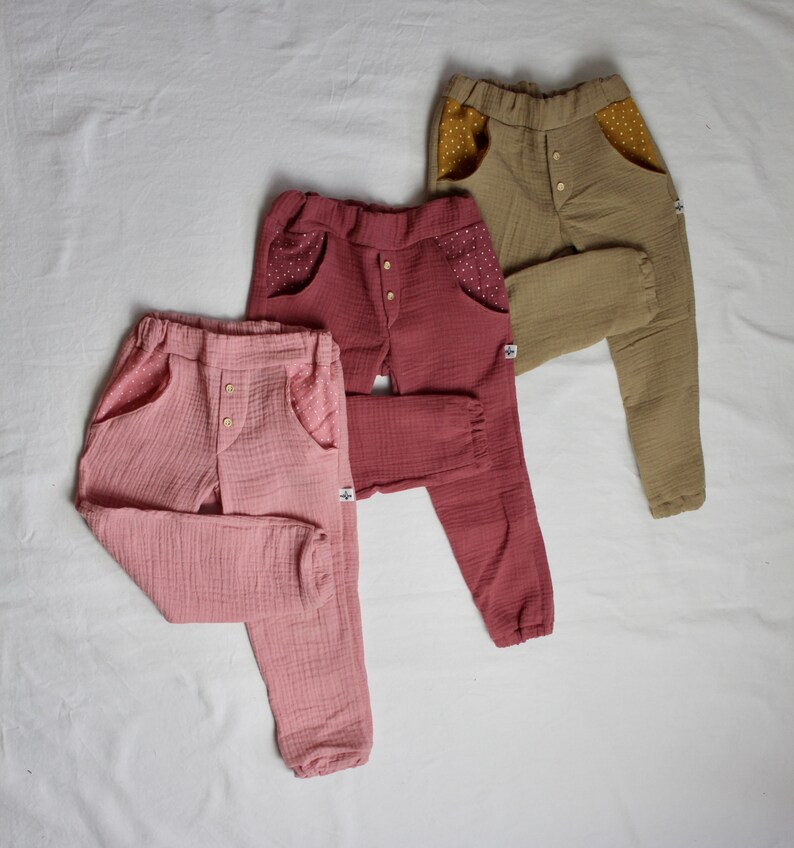 Chinos muselina largos pantalón primavera verano bolsillos pantalón unisex niños Semana Santa matrícula escolar bautizo niño niña botones imagen 3