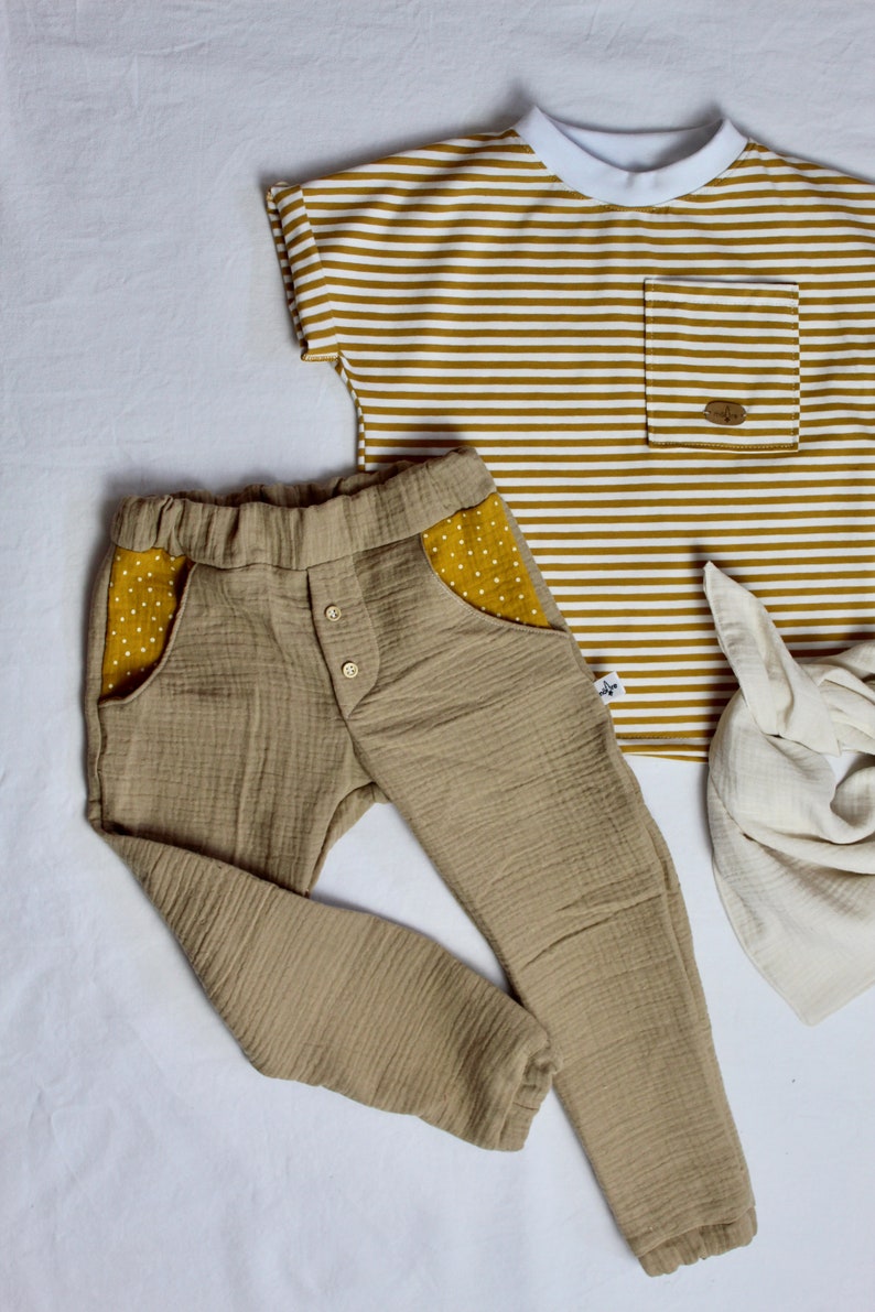 Chinos muselina largos pantalón primavera verano bolsillos pantalón unisex niños Semana Santa matrícula escolar bautizo niño niña botones imagen 7