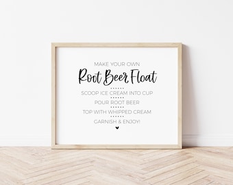 Letrero de cerveza de raíz flotante para fiesta de graduación minimalista moderna, cumpleaños, baby shower, barra de helado con flotador de soda, mesa de postres, imprimible