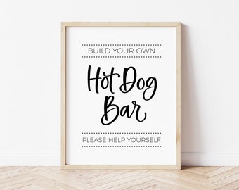 Letrero de bar de perritos calientes, decoración moderna y minimalista de la mesa de comida para la graduación, barbacoa de verano en el patio trasero, letrero imprimible de fiesta de cumpleaños al aire libre para inauguración de la casa