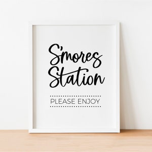 Panneau de gare S&#39;mores pour mariage en plein air minimaliste moderne, panneau de table de desserts pour fête d&#39;anniversaire, feu de camp, foyer de jardin, panneau imprimable de fête