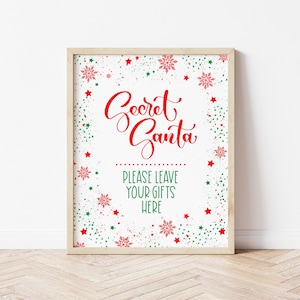 Papá Noel secreto deja el regalo aquí para la fiesta navideña, fiesta de intercambio de regalos de la empresa, compañero de trabajo empleado, fiesta de trabajo imprimible
