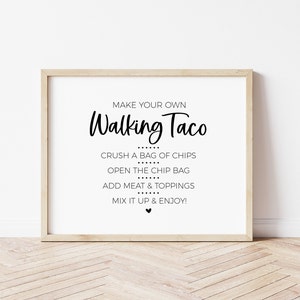 Gehendes Taco-Bar-Schild, machen Sie Ihre eigene Food-Bar, Buffet-Tisch für Cinco de Mayo, Abschlussfeier, moderne minimalistische Geburtstagsfeier druckbares Schild