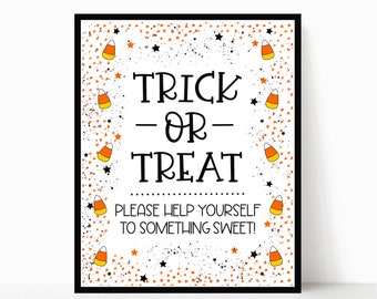 Letrero de truco o trato para fiesta de Halloween, letrero para mesa de postres, letrero con tazón de dulces para el porche de la puerta de entrada, lindo y espeluznante baúl de dulces, imprimible