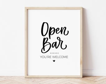 Grappig bord met open bar voor moderne minimalistische bruiloft, verjaardagsfeestje, jubileum, verlovingsfeest, meer dan 21 drankjes voor volwassenen, afdrukbaar