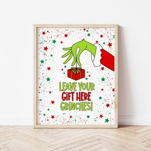 Letrero de amigo secreto, intercambio de regalos de elefante blanco, deja tu regalo aquí, Grinch, cosas favoritas, linda y divertida fiesta navideña imprimible