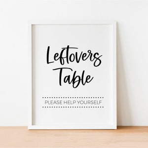 May include: A white framed sign with black text that reads "Leftovers Table" and "PLEASE HELP YOURSELF".