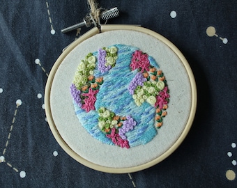 Hand Embroidered Floral Earth Wall Hanging