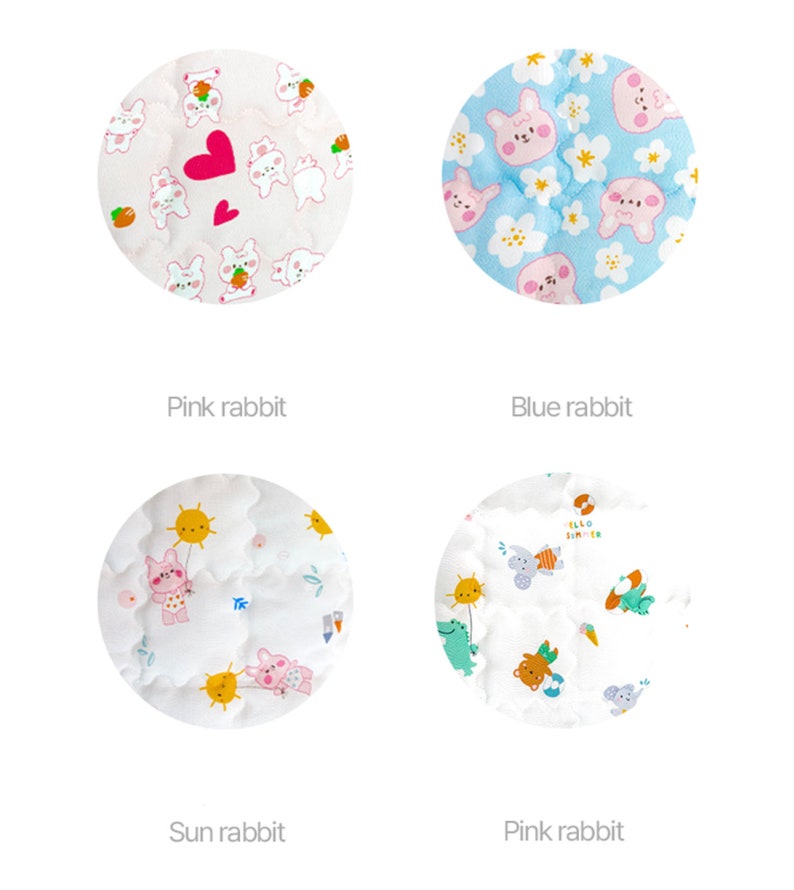 May include: Four different fabric swatches with various patterns featuring pink rabbits, blue rabbits, and sun rabbits. The swatches are labeled "Pink rabbit", "Blue rabbit", "Sun rabbit", and "Pink rabbit".