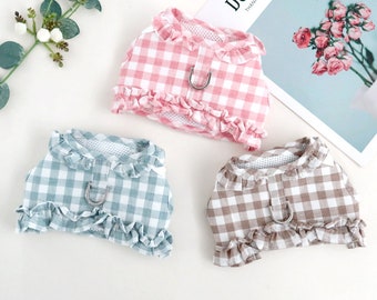 Gingham Frilled Harness, S-XL, 3 Colors, Step in Harness, Adjustable Dog Harness, Small Dog Harness, Harness Dress Dog