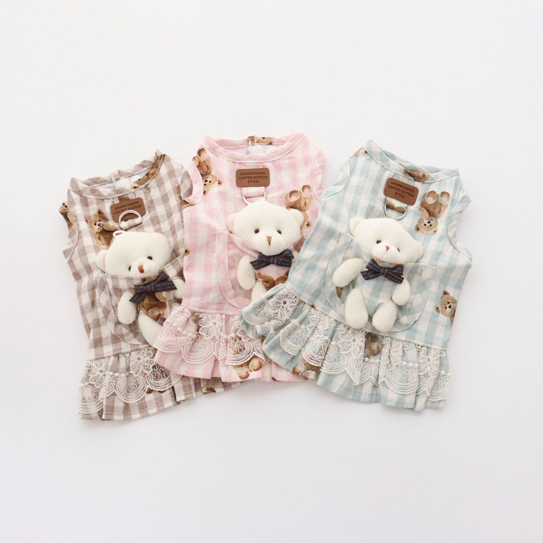 Linen Mesh Dring Dress W/bear, SXL, Dog Clothes, Pet Clothing, Dog