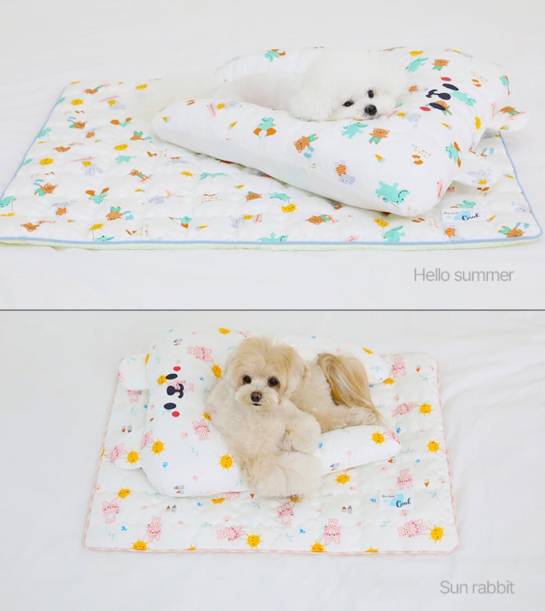 May include: Two images of a white dog sleeping on a white and green patterned pet bed with a matching pillow. The first image shows the dog sleeping on the pillow, and the second image shows the dog sleeping on the bed. The text "Hello summer" is below the first image, and the text "Sun rabbit" is below the second image.