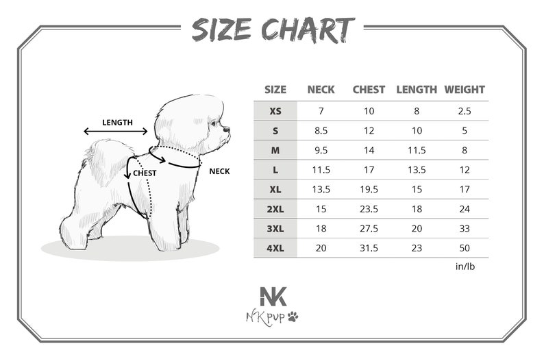 Pode incluir: Tabela de tamanhos para roupas de cachorro com medidas em polegadas e libras. A tabela mostra as medidas de pesco&ccedil;o, peito, comprimento e peso para os tamanhos XS a 4XL.