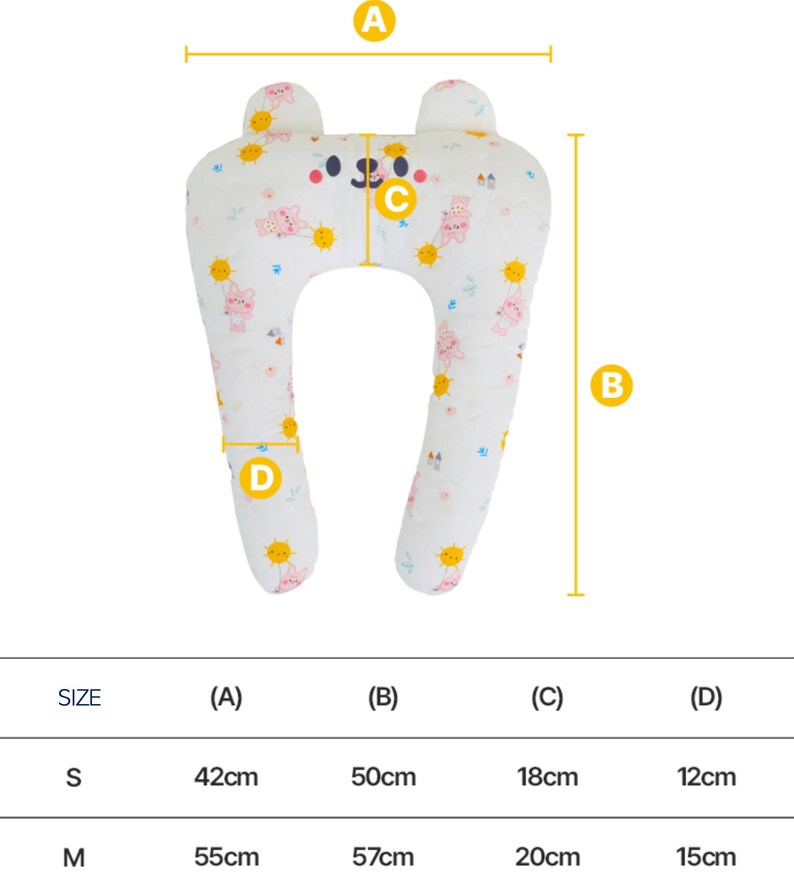 May include: A white and pink U-shaped pregnancy pillow with a sun and bear print. The pillow is available in two sizes: S (42cm x 50cm x 18cm x 12cm) and M (55cm x 57cm x 20cm x 15cm).