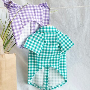 May include: Two plaid dog shirts hanging on a clothesline. One shirt is purple and white, the other is green and white.