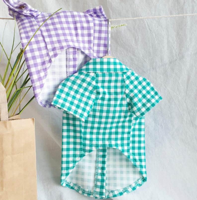 May include: Two plaid dog shirts hanging on a clothesline. One shirt is purple and white, the other is green and white.