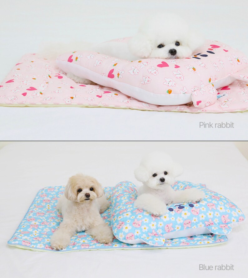 May include: Two white dogs are laying on a bed with a pillow. The bed is pink with a white rabbit pattern and the pillow is pink with a white rabbit pattern. The other bed is blue with a white rabbit pattern and the pillow is blue with a white rabbit pattern. The text "Pink rabbit" is below the first bed and the text "Blue rabbit" is below the second bed.