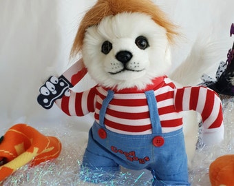 Fantasia de Halloween do Chucky, o cachorro, com macacão listrado e cabelo castanho ajustável.