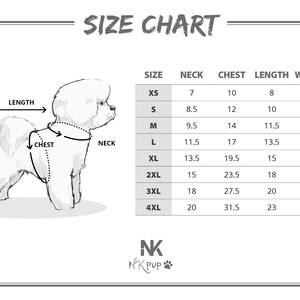 May include: Size chart for dog clothes with measurements in inches and pounds. The chart shows neck, chest, length, and weight measurements for sizes XS to 4XL.