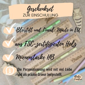 May include: A gift set for school with pencils and rulers. The text on the image says "Geschenkset ZUR EINSCHULUNG". The pencils are in various colors, and the rulers are made of wood. The text on the rulers says "SCHULKIND 2023".