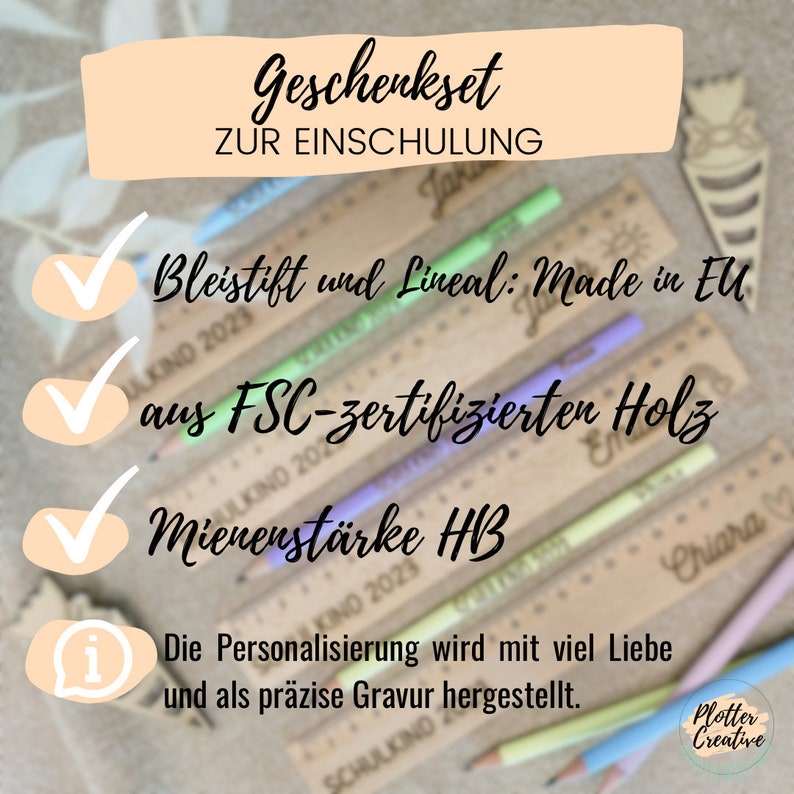 May include: A gift set for school with pencils and rulers. The text on the image says "Geschenkset ZUR EINSCHULUNG". The pencils are in various colors, and the rulers are made of wood. The text on the rulers says "SCHULKIND 2023".