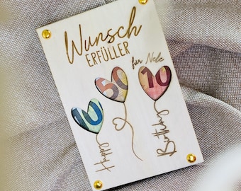 Cumpleaños de regalo de dinero | Cumple deseos regalo de cumpleaños I tarjeta regalo de madera I embalaje de regalo con nombre I regalo de dinero