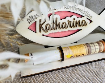 Regalo de dinero para bautizo de madera I regalo de confirmación I regalo de comunión I confirmación Pez con nombre deseado incluido grabado de madera