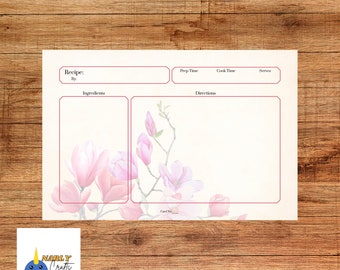 Druckbare Blumige Rezeptkarte Magnolia - Karteikarte/A6/Briefpapier